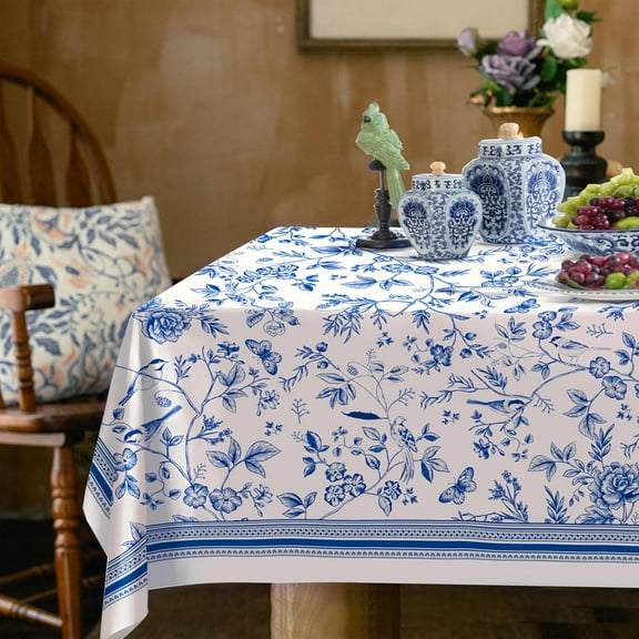 Rectangle Tablecloth - 60 x 84 Inch Blue Floral Birds Rustic Tablecloth Classic French Country Printed Table Cover for Farmhouse Decoration, Suitable for Home, Kitchen Dining