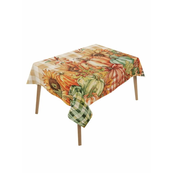 Rectangle Tablecloth 60 x 84 Inches Fall Thanksgiving Pumpkins Sunflowers Retro Brown White Plaid Waterproof Table Cloth Decorative Fabric Table Cover for Dinning/Party/Buffet/Banquet