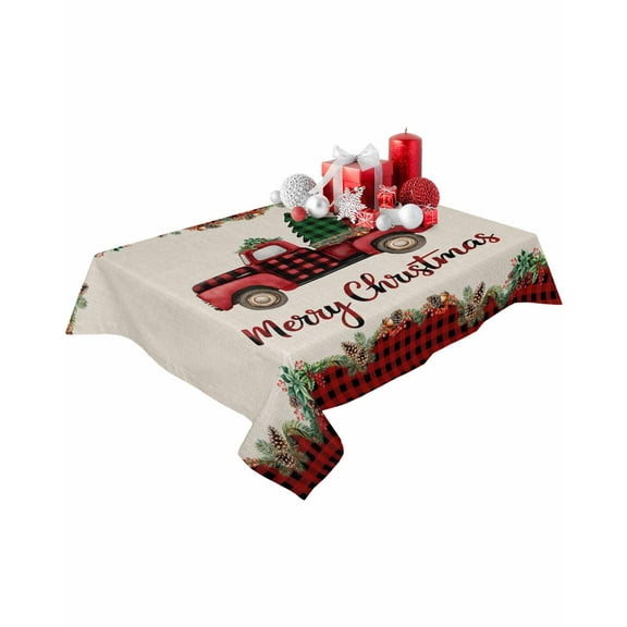 Rectangle Tablecloth 60 x 84 Inches Red Truck Christmas Trees Linen Texture Waterproof & Stain Resistance Table Cloth Decorative Fabric Table Cover for Dinning/Party/Buffet/Banquet