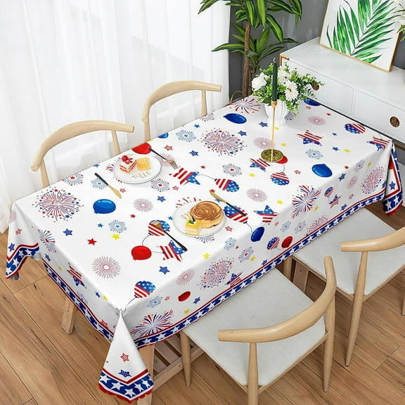 Rectangle Tablecloth 60 x 84 inch Memorial Day Decorations Patriotic Table Cloths Waterproof,Stars Fireworks and Balloons Waterproof Stain Wrinkle Free Table Cloth