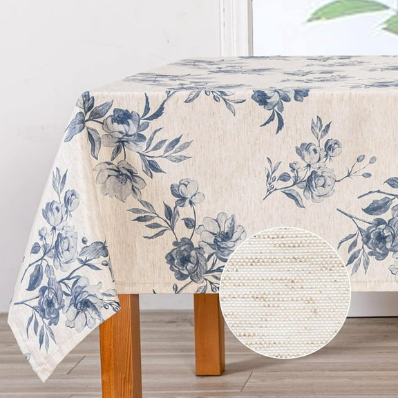 Rectangle Tablecloth 60x120 Inches, Linen Farmhouse Tablecloth Waterproof Decorative Fabric Table Cloth for Kitchen Party Floral Tablecloth for 8 Feet Table Blue and Grey Tablecloth