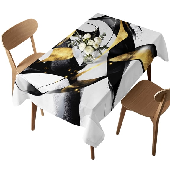 Rectangle Tablecloth, Abstract Black Gold White Lines Art Waterproof Table Cloth 52x70 in Modern Geometric Pattern Washable Spillproof Table Cover for Kitchen Dining Party Decor Outdoor Camping