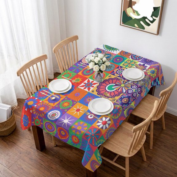 Rectangle Tablecloth,Abstract Ethnic Patchwork Waterproof Oil-Proof Table Cloth Kitchen Dining Tables Cover for Indoor Outdoor Wedding Holiday Party Decor,Boho Indian Geometric Flower