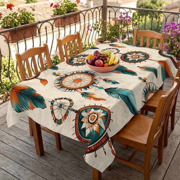 Rectangle Tablecloth,Abstract Indian Totem Waterproof Oil-Proof Table Cloth Kitchen Dining Tables Cover for Indoor Outdoor Wedding Holiday Party Decor,Retro Ancient Patterns on Linen