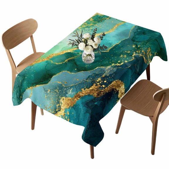 Rectangle Tablecloth, Abstract Turquoise Marble Texture Waterproof Table Cloth 52x70 in Gold Line Stone Style Washable Spillproof Table Cover for Kitchen Dining Party Decor Outdoor Camping