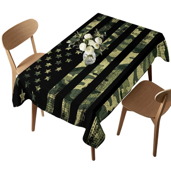 Rectangle Tablecloth, American Retro Stars and Stripes Flag Waterproof Table Cloth 52x70 in Forests Army Camouflage Washable Spillproof Table Cover for Kitchen Dining Party Decor Outdoor Camping