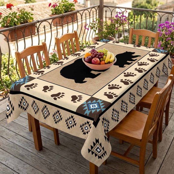 Rectangle Tablecloth,Autumn Black Bear Footprints Waterproof Oil-Proof Table Cloth Kitchen Dining Tables Cover for Indoor Outdoor Wedding Holiday Party Decor,Geometric Boho Artwork