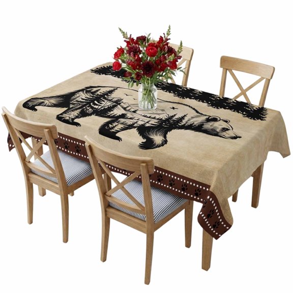 Rectangle Tablecloth,Bear Forest Mountains Animal Pattern Silhouette Waterproof Oil-Proof Table Cloth Kitchen Dining Tables Cover for Indoor Outdoor Wedding Holiday Party Decor,Vintage Brown Gradient