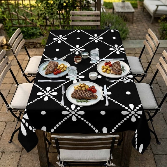 Rectangle Tablecloth,Black and White Lattice Flower Waterproof Oil ...
