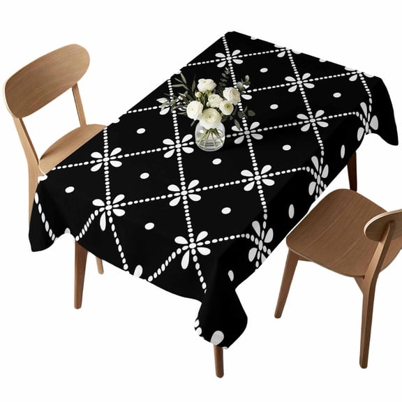 Rectangle Tablecloth, Black and White Lattice Flower Waterproof Table Cloth 52x70 in Delicate Polka Dots Washable Spillproof Table Cover for Kitchen Dining Party Decor Outdoor Camping