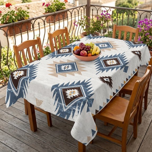 Rectangle Tablecloth,Blue Beige Southwest Geometric Waterproof Oil-Proof Table Cloth Kitchen Dining Tables Cover for Indoor Outdoor Wedding Holiday Party Decor,Vintage Aztec Tribal Style