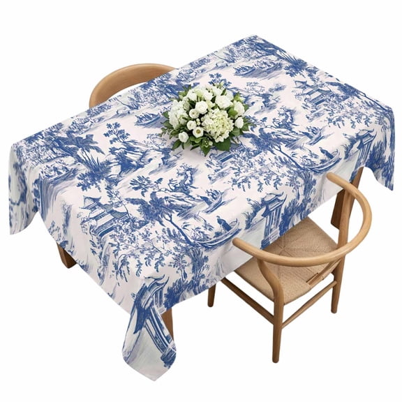 Rectangle Tablecloth, Blue Chinoiserie Garden Pavilion Waterproof Table Cloth 60x120 in Asian Scenic Hill Boat Plant Washable Spillproof Table Cover for Kitchen Dining Party Decor Outdoor Camping