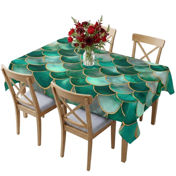 Rectangle Tablecloth,Bohemian Emerald Green Fish Scales Waterproof Oil-Proof Table Cloth Kitchen Dining Tables Cover for Indoor Outdoor Wedding Holiday Party Decor,Retro Abstract