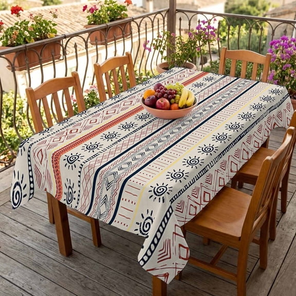 Rectangle Tablecloth,Boho Stripe Retro Ethnic Style Waterproof Oil-Proof Table Cloth Kitchen Dining Tables Cover for Indoor Outdoor Wedding Holiday Party Decor,Indian Sketch Sun Art Abstract Line
