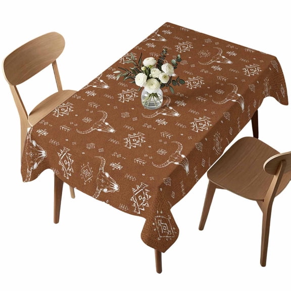 Rectangle Tablecloth, Brown Western Geometric Print Waterproof Table Cloth 60x102 in Aztec Tribal Longhorn Skull Washable Spillproof Table Cover for Kitchen Dining Party Decor Outdoor Camping