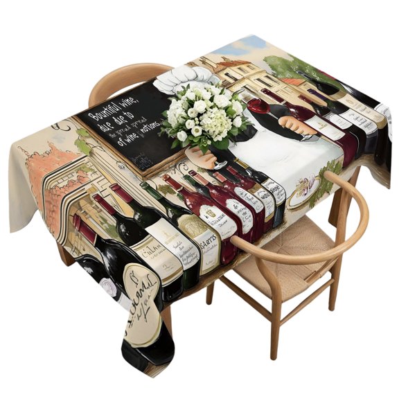 Rectangle Tablecloth, Cartoon Country Chef Red Wine Waterproof Table Cloth 60x120 in Farmhouse Cooking Theme Washable Spillproof Table Cover for Kitchen Dining Party Decor Outdoor Camping