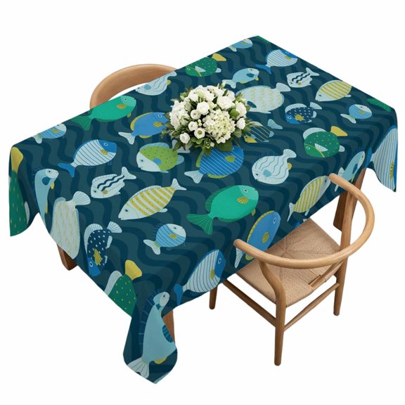 Rectangle Tablecloth, Cartoon Funny Blue Stripes Little Fish Waterproof Table Cloth 60x120 in Ocean Waves Washable Spillproof Table Cover for Kitchen Dining Party Decor Outdoor Camping
