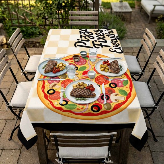 Rectangle Tablecloth,Cartoon Pizza on Yellow Plaid Waterproof Oil-Proof Table Cloth Kitchen Dining Tables Cover for Indoor Outdoor Wedding Holiday Party Decor,Farmhouse Fruit Leaves