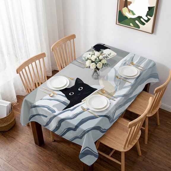 Rectangle Tablecloth,Cartoon Reading Black Cat Waterproof Oil-Proof Table Cloth Kitchen Dining Tables Cover for Indoor Outdoor Wedding Holiday Party Decor,Kitty in Striped Blanket