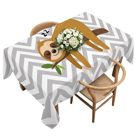 Rectangle Tablecloth, Cartoon Sloth Tree Branch Waterproof Table Cloth 60x120 in Gray Chevron Stripe Animal Washable Spillproof Table Cover for Kitchen Dining Party Decor Outdoor Camping