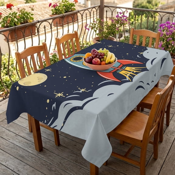 Rectangle Tablecloth,Cartoon Space Rocket Launch Stars and Moon Waterproof Oil-Proof Table Cloth Kitchen Dining Tables Cover for Indoor Outdoor Wedding Holiday Party Decor,Outer Planet