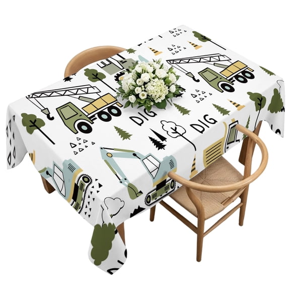 Rectangle Tablecloth, Cartoon Tractor Digger Shovel Waterproof Table Cloth 60x120 in Cute Truck Car Themed Washable Spillproof Table Cover for Kitchen Dining Party Decor Outdoor Camping