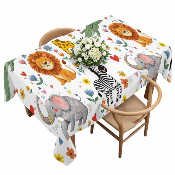 Rectangle Tablecloth, Children's Day Lion Elephant Waterproof Table Cloth 60x120 in Giraffe Zebra Crocodile Washable Spillproof Table Cover for Kitchen Dining Party Decor Outdoor Camping