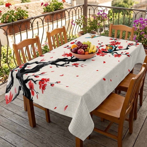 Rectangle Tablecloth,Chinoiserie Bird Red Flower on Linen Waterproof Oil-Proof Table Cloth Kitchen Dining Tables Cover for Indoor Outdoor Wedding Holiday Party Decor,Asian Scenic Spring Art