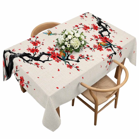 Rectangle Tablecloth, Chinoiserie Bird Red Flower on Linen Waterproof Table Cloth 60x120 in Asian Scenic Spring Art Washable Spillproof Table Cover for Kitchen Dining Party Decor Outdoor Camping