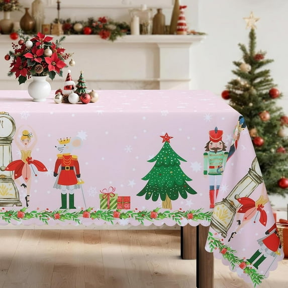 Rectangle Tablecloth,Christmas Table Cover with Snowflake, Nutcracker, Christmas Tree Design,Kitchen Decor for Party,60×84 Inch,Pink