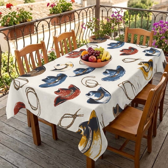 Rectangle Tablecloth,Classic Western Cowboy Desert Waterproof Oil-Proof Table Cloth Kitchen Dining Tables Cover for Indoor Outdoor Wedding Holiday Party Decor,Watercolor Red Blue Hat