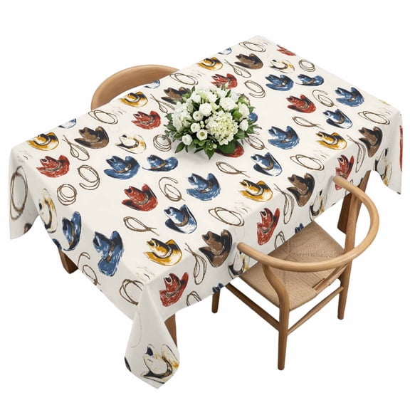 Rectangle Tablecloth, Classic Western Cowboy Desert Waterproof Table Cloth 60x120 in Watercolor Red Blue Hat Washable Spillproof Table Cover for Kitchen Dining Party Decor Outdoor Camping