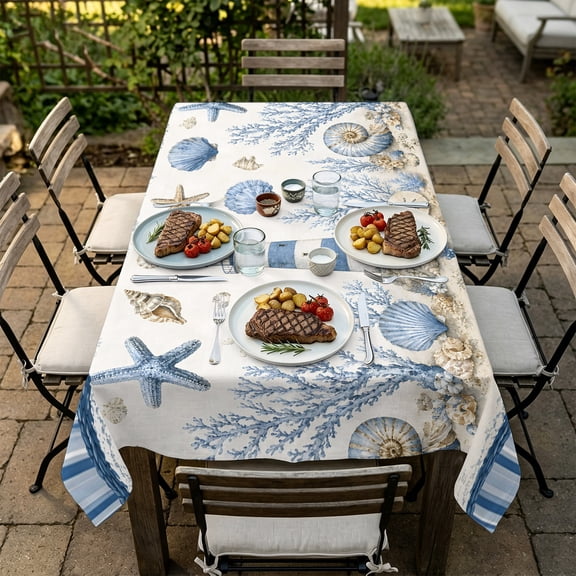 Rectangle Tablecloth,Coastal Lighthouse Blue Stripe Waterproof Oil-Proof Table Cloth Kitchen Dining Tables Cover for Indoor Outdoor Wedding Holiday Party Decor,Ocean Starfish Shell Conch Coral