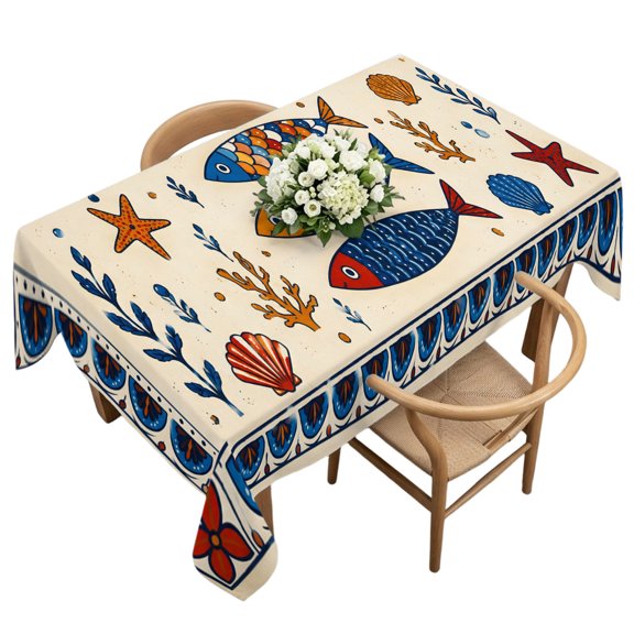 Rectangle Tablecloth, Coastal Mediterranean Fish Waterproof Table Cloth 60x120 in Marine Life Starfish Corals Washable Spillproof Table Cover for Kitchen Dining Party Decor Outdoor Camping