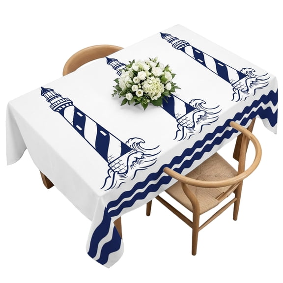 Rectangle Tablecloth, Coastal Nautical Lighthouse Sea Wave Waterproof Table Cloth 60x120 in Navy Blue Water Ripple Washable Spillproof Table Cover for Kitchen Dining Party Decor Outdoor Camping