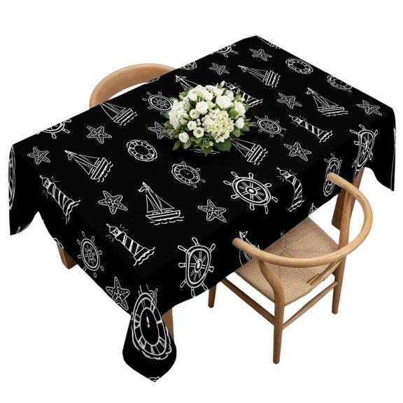 Rectangle Tablecloth, Coastal Ocean Compass Sailboat Waterproof Table Cloth 60x120 in Nautical Theme Lighthouse Washable Spillproof Table Cover for Kitchen Dining Party Decor Outdoor Camping