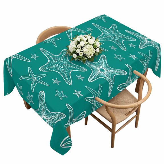 Rectangle Tablecloth, Coastal Sea Starfish Seamless Waterproof Table Cloth 60x120 in Ocean Creature on Cyan Washable Spillproof Table Cover for Kitchen Dining Party Decor Outdoor Camping