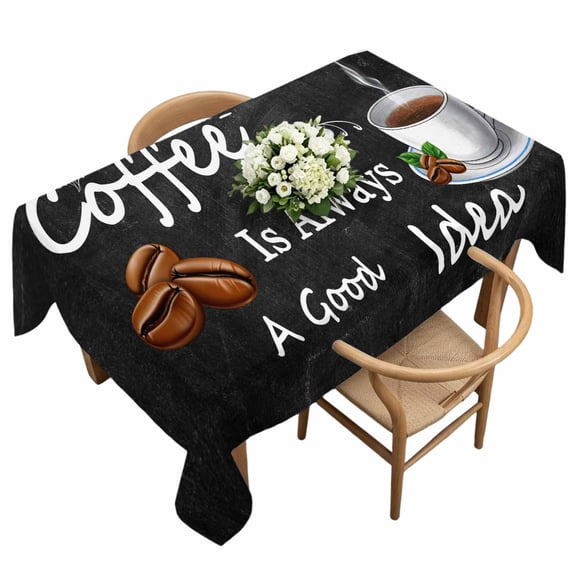 Rectangle Tablecloth, Coffee Bean Cup Cafe Drink on Black Waterproof Table Cloth 60x120 in Coffees Good Idea Quote Washable Spillproof Table Cover for Kitchen Dining Party Decor Outdoor Camping