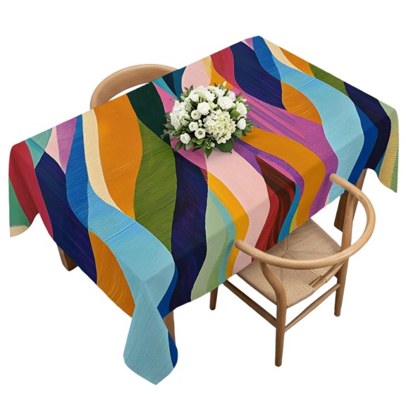 Rectangle Tablecloth, Colorful Wavy Boho Style Waterproof Table Cloth 60x120 in Abstract Geometric Flowing Curves Washable Spillproof Table Cover for Kitchen Dining Party Decor Outdoor Camping