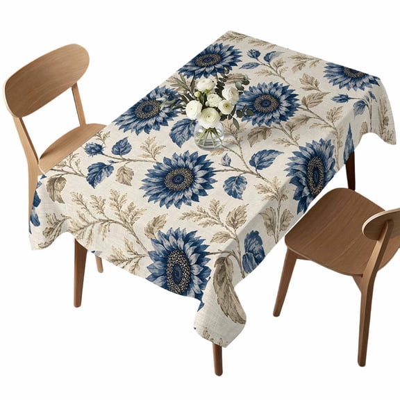 Rectangle Tablecloth, Country Blue Sunflowers Waterproof Table Cloth 60x102 in Retro Linen Background Washable Spillproof Table Cover for Kitchen Dining Party Decor Outdoor Camping