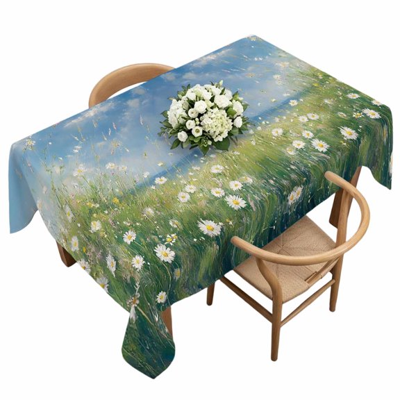 Rectangle Tablecloth, Country Flower Daisy Green Grass Waterproof Table Cloth 60x120 in Watercolor Oil Painting Style Washable Spillproof Table Cover for Kitchen Dining Party Decor Outdoor Camping