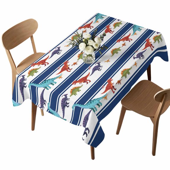 Rectangle Tablecloth, Dinosaur Navy Blue Striped Waterproof Table Cloth 60x84 in Abstract Animal Cartoon Washable Spillproof Table Cover for Kitchen Dining Party Decor Outdoor Camping