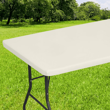 Rectangle Tablecloth, Elastic Fitted Flannel Backed Vinyl Tablecloths for 4ft Folding Tables, Waterproof Wipeable Table Covers for Indoor, Outdoor, Picnic and Camping (Beige, 30"x48")