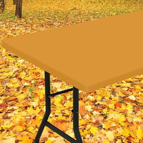 Rectangle Tablecloth, Elastic Fitted Flannel Backed Vinyl Tablecloths for 8ft Folding Tables, Waterproof Wipeable Table Covers for Indoor, Outdoor, Picnic and Camping (Mustard Yellow, 30"x96")