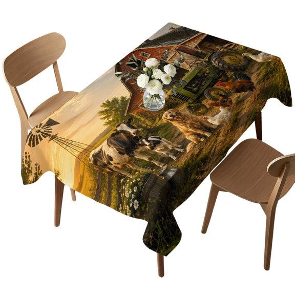 Rectangle Tablecloth, Farm Animals Cow Dog Rooster Duck Waterproof Table Cloth 52x70 in Red Barn Green Tractor Washable Spillproof Table Cover for Kitchen Dining Party Decor Outdoor Camping