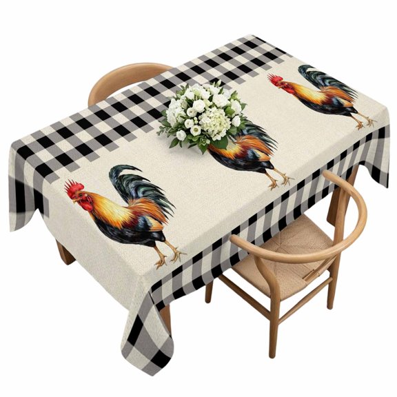 Rectangle Tablecloth, Farm Rooster Black Buffalo Plaid Waterproof Table Cloth 60x120 in Retro Linen Washable Spillproof Table Cover for Kitchen Dining Party Decor Outdoor Camping