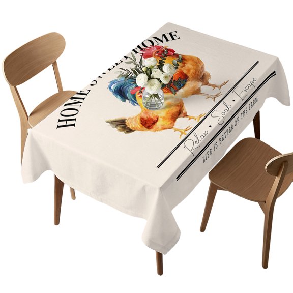 Rectangle Tablecloth, Farm Rooster Watercolor Animal Waterproof Table Cloth 60x102 in Sweet Home Quote Washable Spillproof Table Cover for Kitchen Dining Party Decor Outdoor Camping