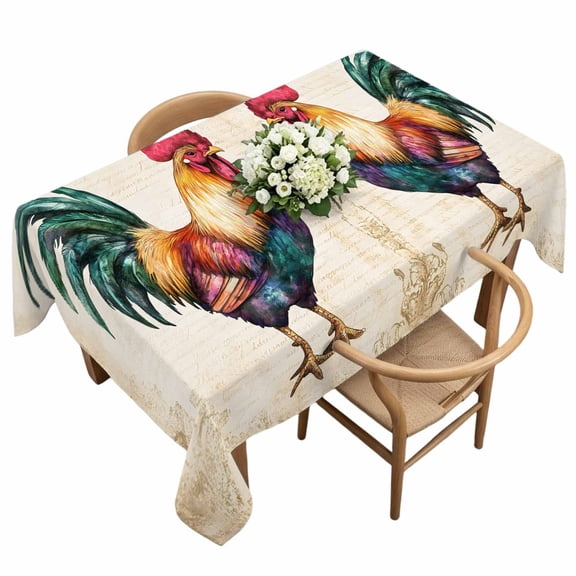 Rectangle Tablecloth, Farm Rooster Watercolor Animal Waterproof Table Cloth 60x120 in Retro Letter Back Washable Spillproof Table Cover for Kitchen Dining Party Decor Outdoor Camping