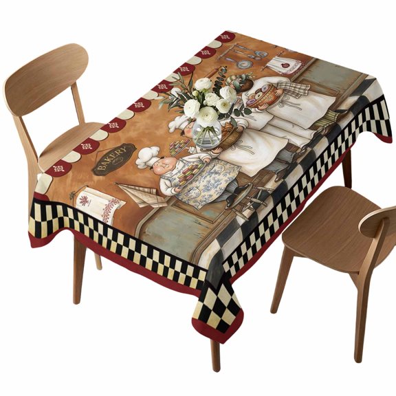 Rectangle Tablecloth, Farmhouse Cartoon Chef Waterproof Table Cloth 52x70 in Cooking Theme Black White Checkered Washable Spillproof Table Cover for Kitchen Dining Party Decor Outdoor Camping
