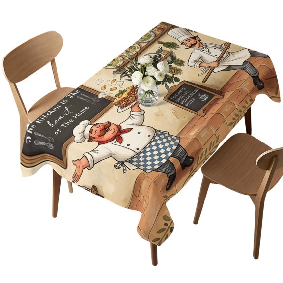 Rectangle Tablecloth, Farmhouse Chef Illustration Waterproof Table Cloth 52x70 in Vintage Cartoon Food Print Washable Spillproof Table Cover for Kitchen Dining Party Decor Outdoor Camping